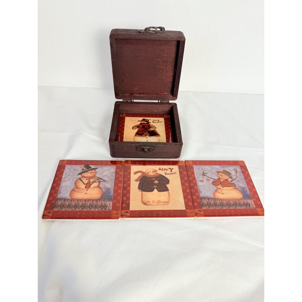 TII Collection Snowman Design Coasters Set Of Four Wooden Box